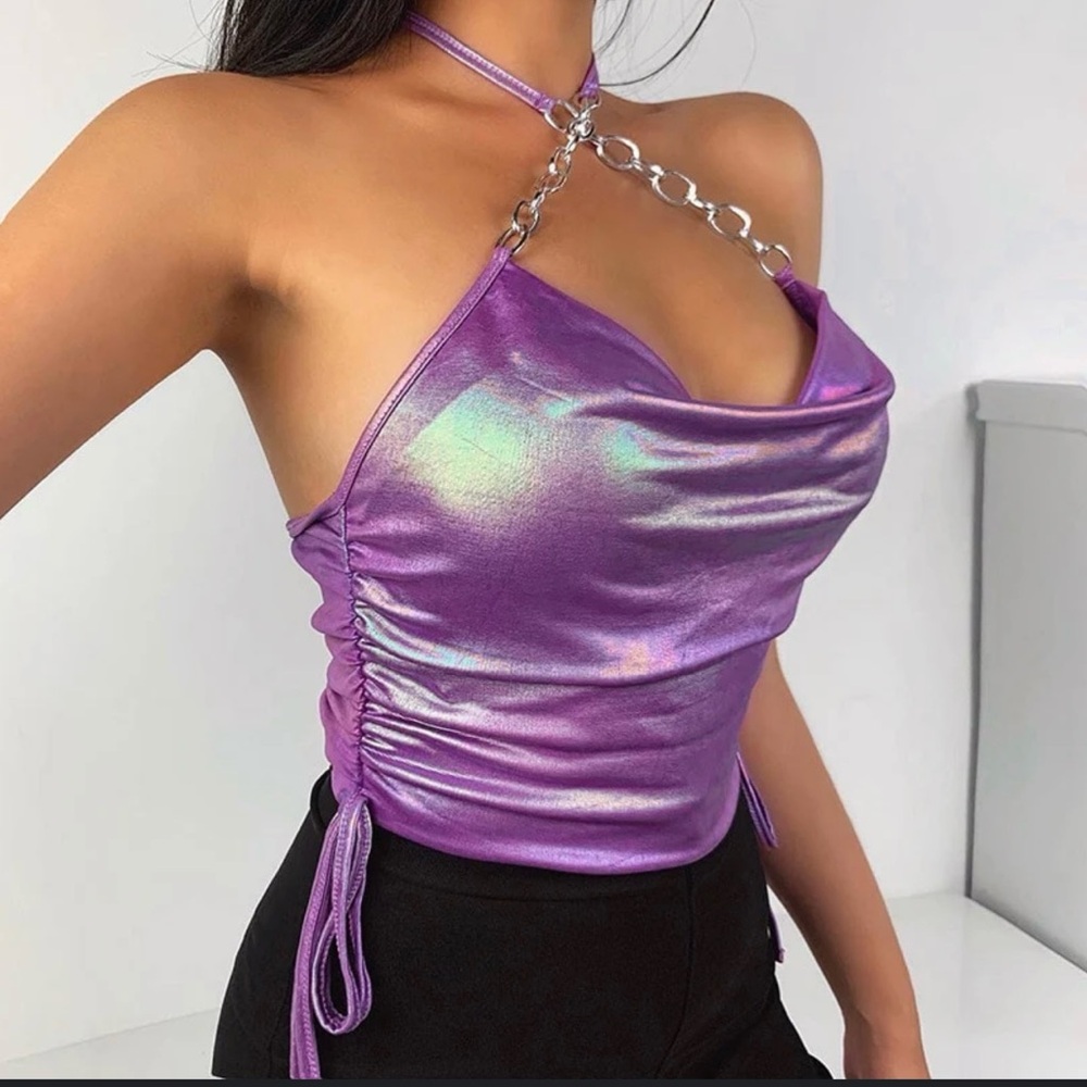Metallic Sexy pu leather Purple Halter Top size S